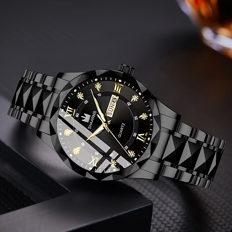New Stainless Steel Band Men'S Quartz Watch Roman Numeral Dial Inlaid with Rhinestones Date Calendar Trendy Fashion Easy Brand Luxury Luminous Sports Leisure Life Travel Business Multi-Function Watch Birthday Gift Holiday Gift