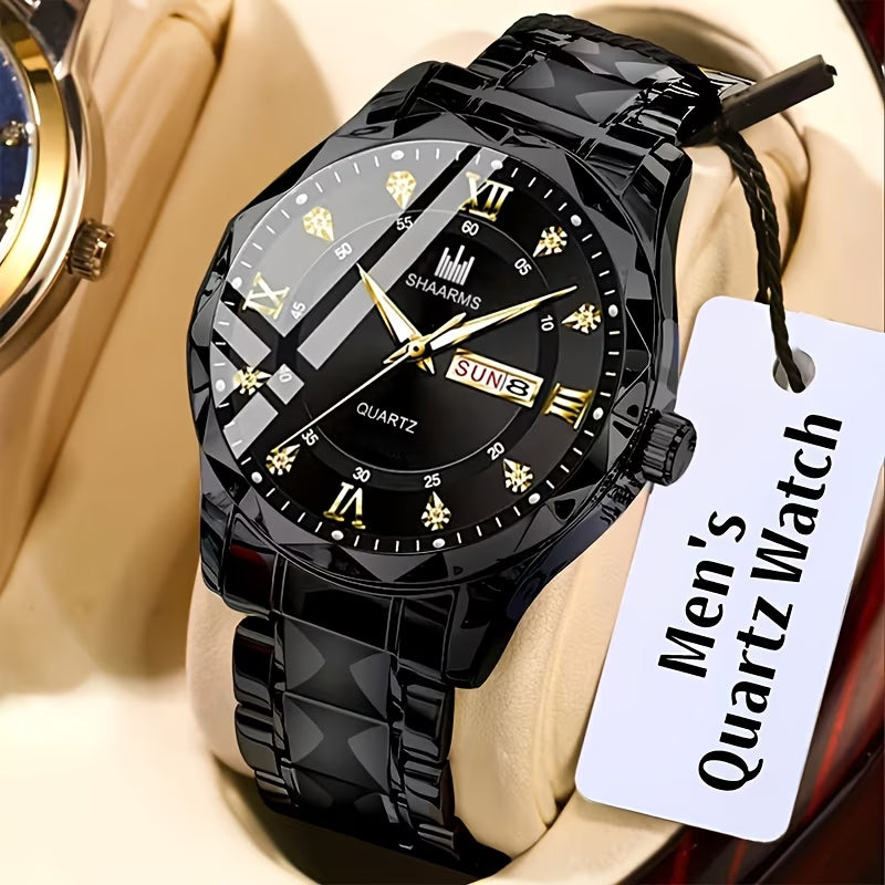 New Stainless Steel Band Men'S Quartz Watch Roman Numeral Dial Inlaid with Rhinestones Date Calendar Trendy Fashion Easy Brand Luxury Luminous Sports Leisure Life Travel Business Multi-Function Watch Birthday Gift Holiday Gift