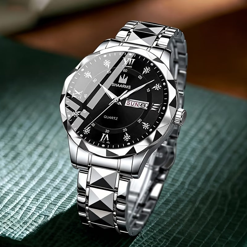 New Stainless Steel Band Men'S Quartz Watch Roman Numeral Dial Inlaid with Rhinestones Date Calendar Trendy Fashion Easy Brand Luxury Luminous Sports Leisure Life Travel Business Multi-Function Watch Birthday Gift Holiday Gift