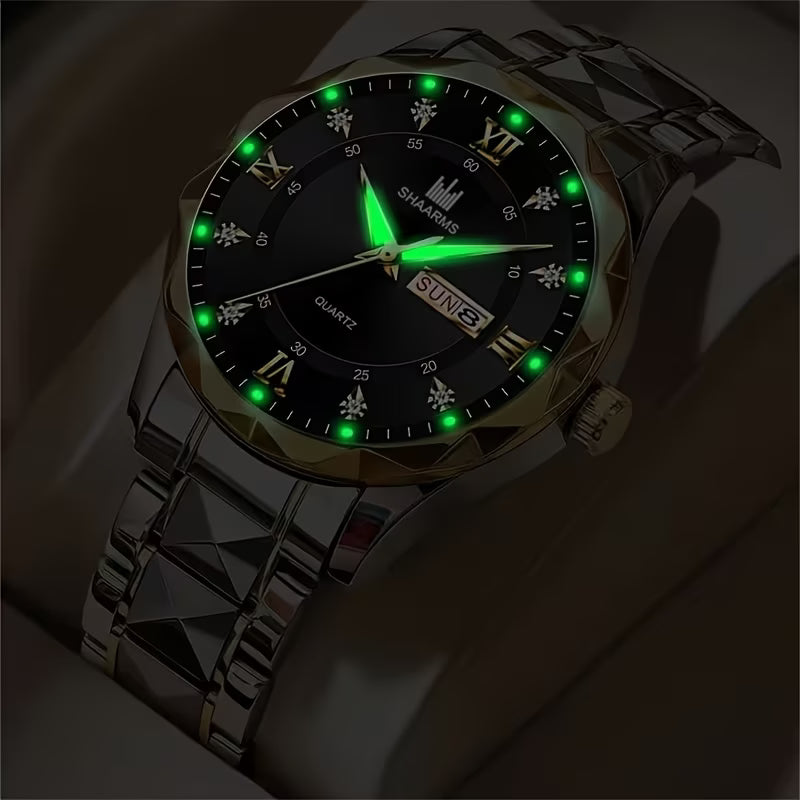 New Stainless Steel Band Men'S Quartz Watch Roman Numeral Dial Inlaid with Rhinestones Date Calendar Trendy Fashion Easy Brand Luxury Luminous Sports Leisure Life Travel Business Multi-Function Watch Birthday Gift Holiday Gift