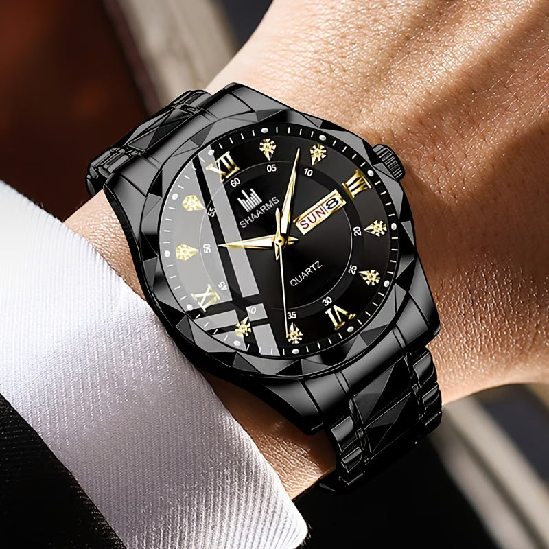 New Stainless Steel Band Men'S Quartz Watch Roman Numeral Dial Inlaid with Rhinestones Date Calendar Trendy Fashion Easy Brand Luxury Luminous Sports Leisure Life Travel Business Multi-Function Watch Birthday Gift Holiday Gift