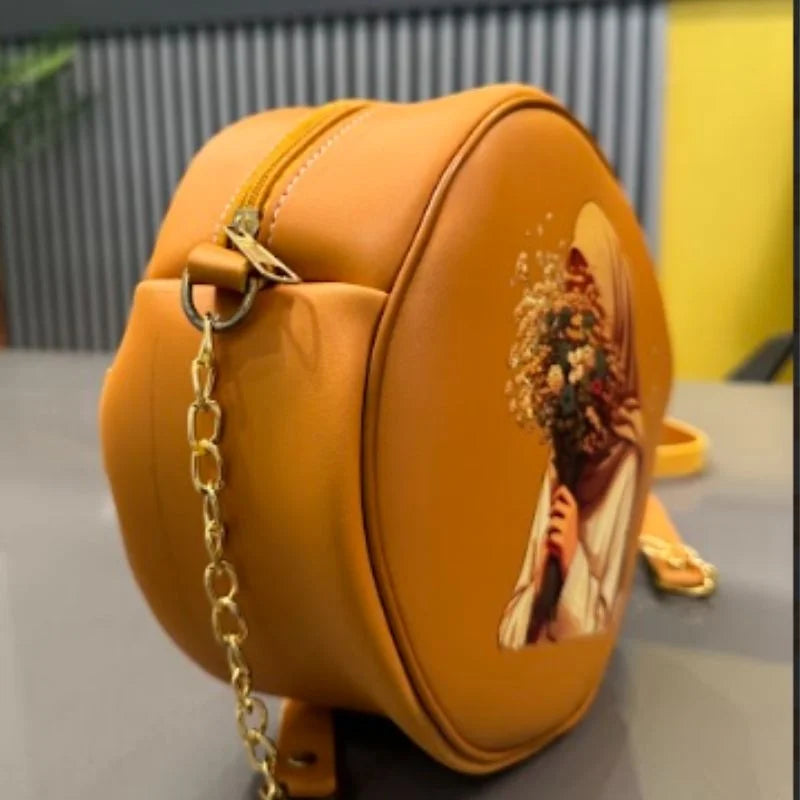 Round Retro Crossbody Handbag | Caramel Faux Leather