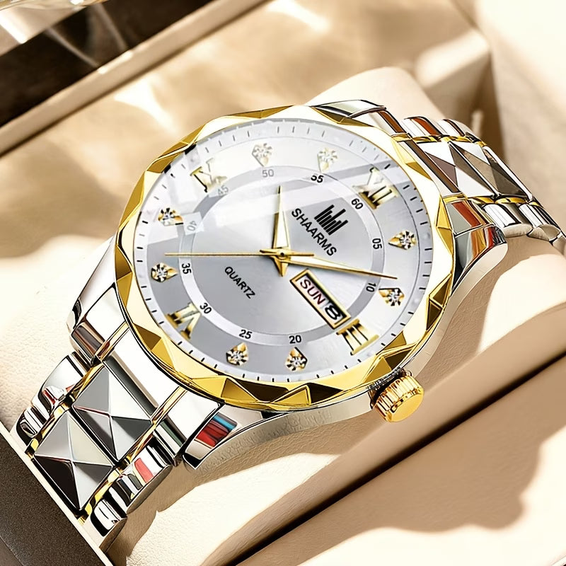 New Stainless Steel Band Men'S Quartz Watch Roman Numeral Dial Inlaid with Rhinestones Date Calendar Trendy Fashion Easy Brand Luxury Luminous Sports Leisure Life Travel Business Multi-Function Watch Birthday Gift Holiday Gift