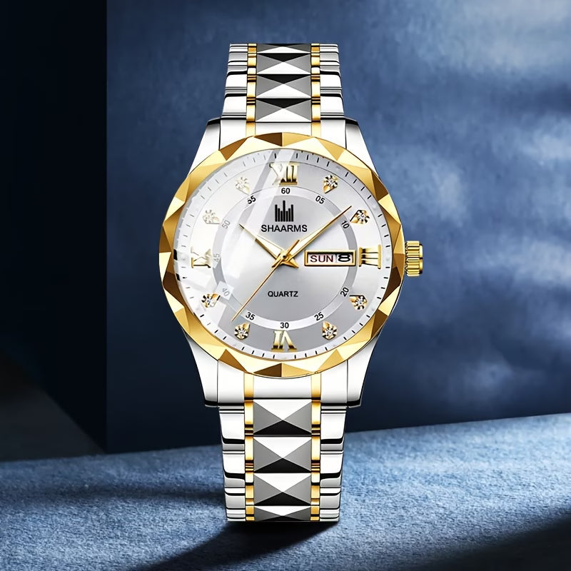 New Stainless Steel Band Men'S Quartz Watch Roman Numeral Dial Inlaid with Rhinestones Date Calendar Trendy Fashion Easy Brand Luxury Luminous Sports Leisure Life Travel Business Multi-Function Watch Birthday Gift Holiday Gift
