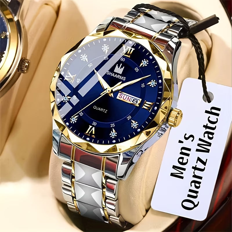 New Stainless Steel Band Men'S Quartz Watch Roman Numeral Dial Inlaid with Rhinestones Date Calendar Trendy Fashion Easy Brand Luxury Luminous Sports Leisure Life Travel Business Multi-Function Watch Birthday Gift Holiday Gift