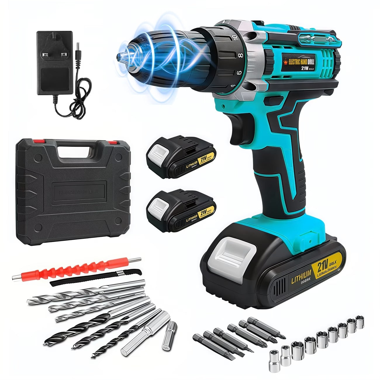 Lithium-ion Cordless Drill Kit, Drill Set with Battery and Charger, 3/8 Inch Keyless Chuck, Variable Speed, 16-position Adjustment and 24 Drill Bits (red/yellow/blue Color Scheme), Ergonomically Optimized Household Power Tool