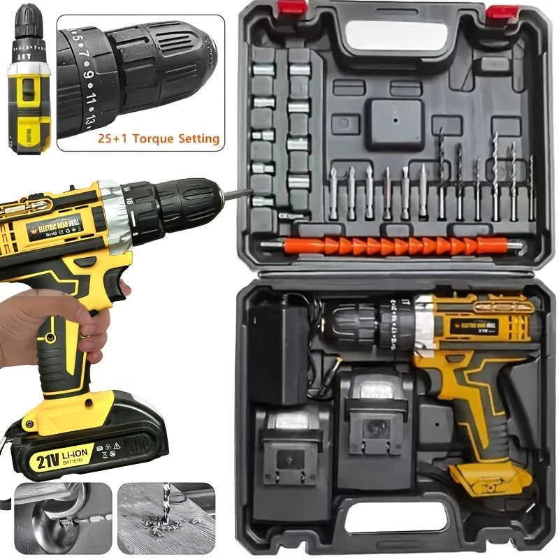 Lithium-ion Cordless Drill Kit, Drill Set with Battery and Charger, 3/8 Inch Keyless Chuck, Variable Speed, 16-position Adjustment and 24 Drill Bits (red/yellow/blue Color Scheme), Ergonomically Optimized Household Power Tool